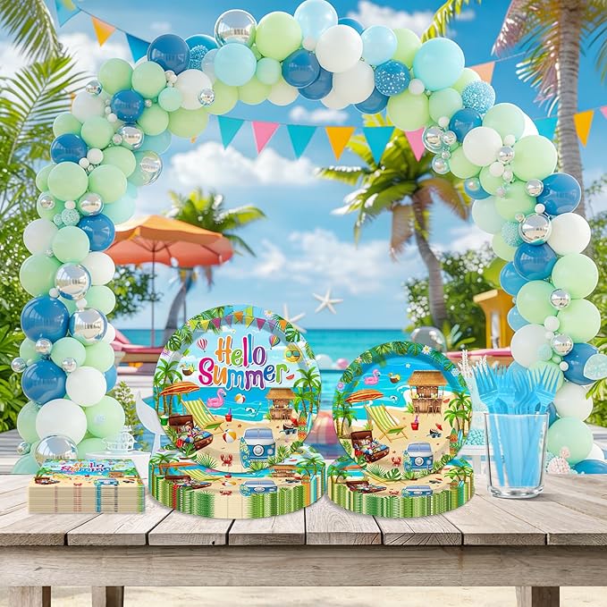96 Pcs Hello Summer Party Decorations Summer Beach Paper Plates and
