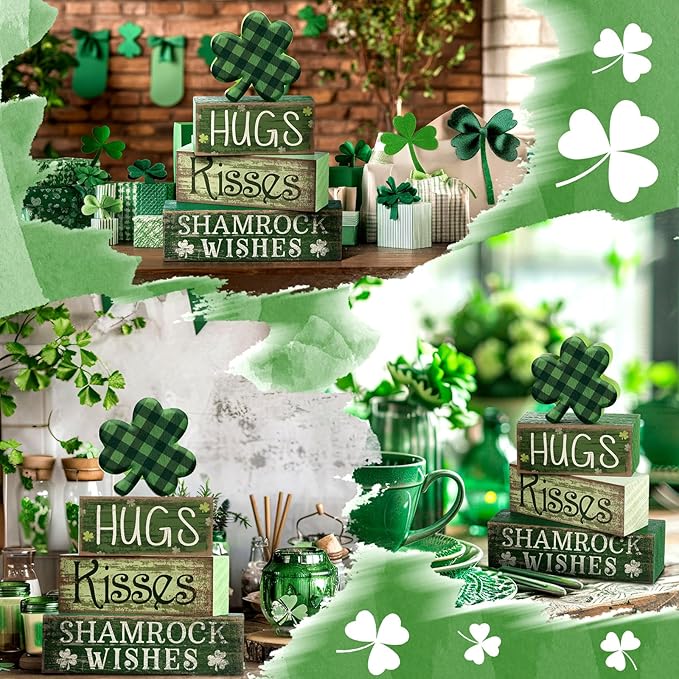 4 Pcs St Patrick's Day Table Wooden Signs Hug Shamrocks Table
