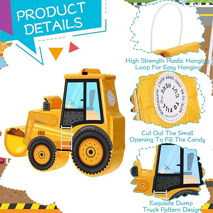 Construction Dump Truck Piñata with Blindfold and Bat Construction