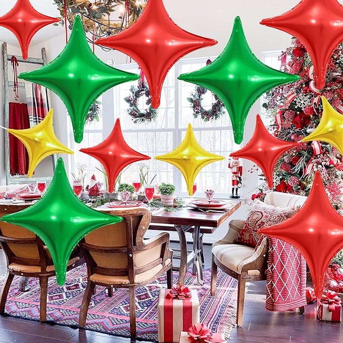 Red Green Gold Christmas Balloons,12Pcs Four Angle Star Foil
