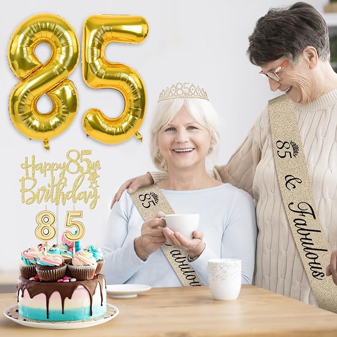 85th Birthday Decorations for Women Gold with 85th Birthday Sash and