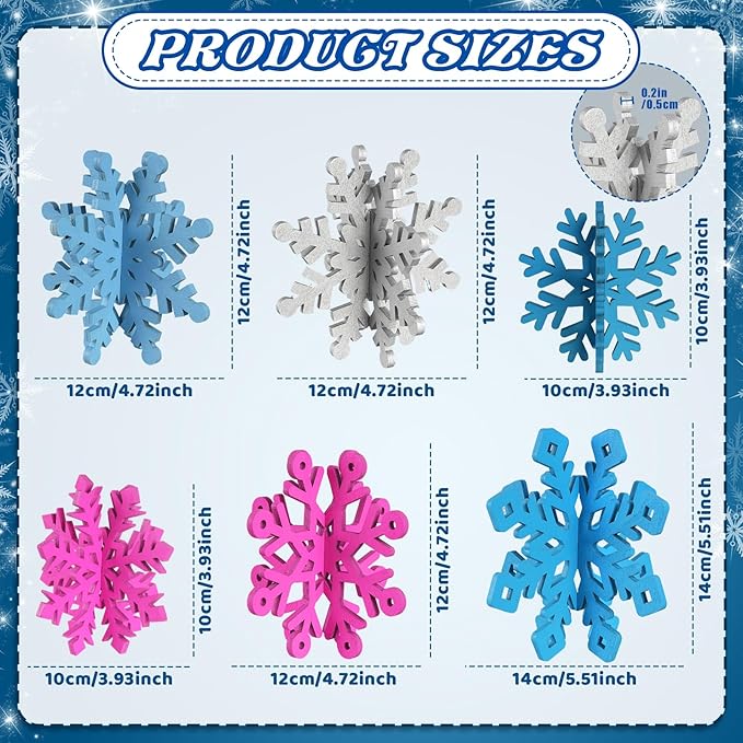 6 Sets Snowflake Christmas Table Decorations 12pcs Blue Fuchsia