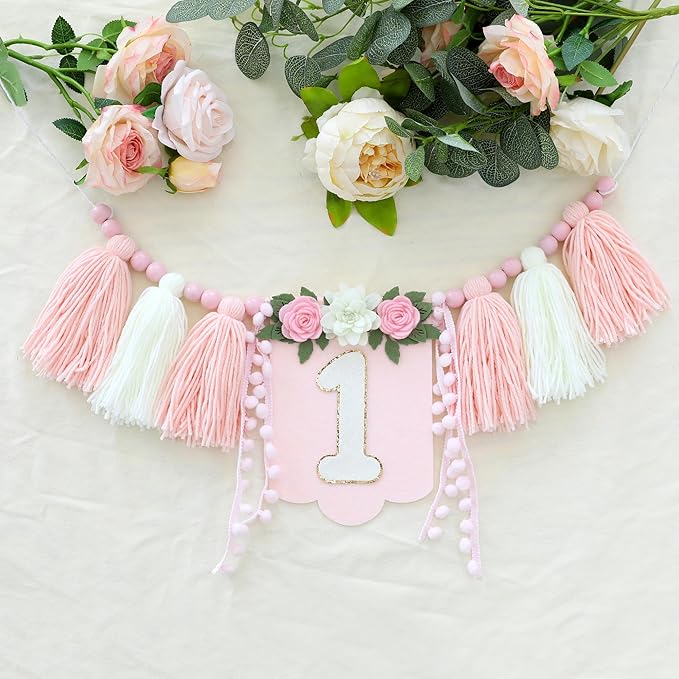 Handmade Wildflower 1st Birthday HighChair Banner Pink White Party