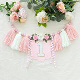 Handmade Wildflower 1st Birthday HighChair Banner Pink White Party