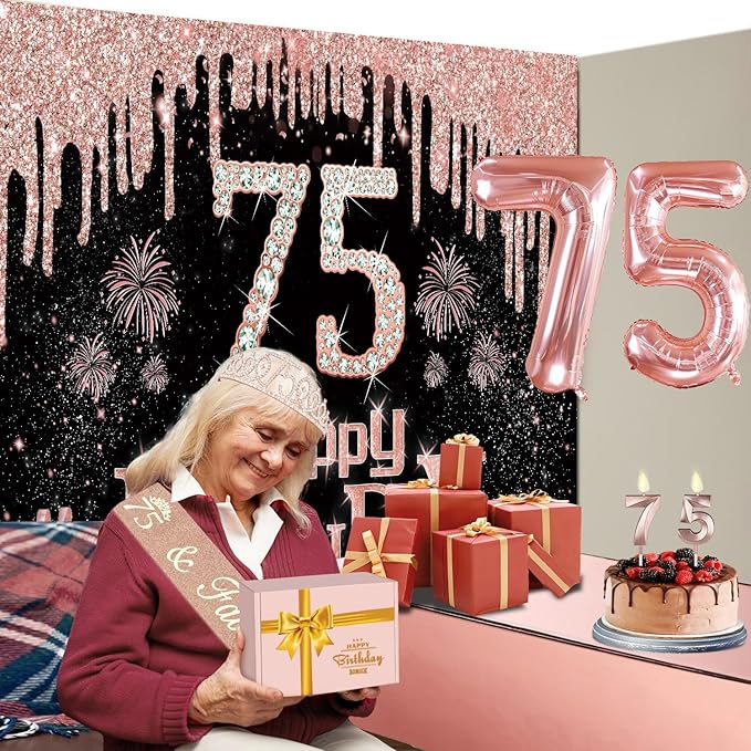75th Birthday Decorations for Women with Banner Rose Gold Tablecloth