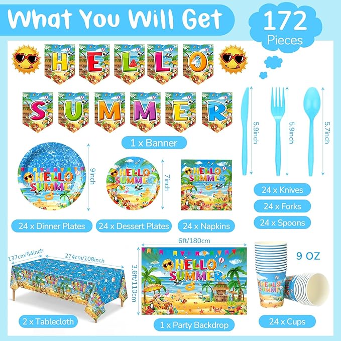 172 Pcs Summer Beach Party Supplies Serves 24 Pool Beach Tableware