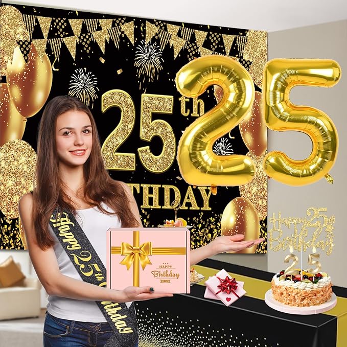 25th Birthday Decorations Men Women with 25th Birthday Banner Black