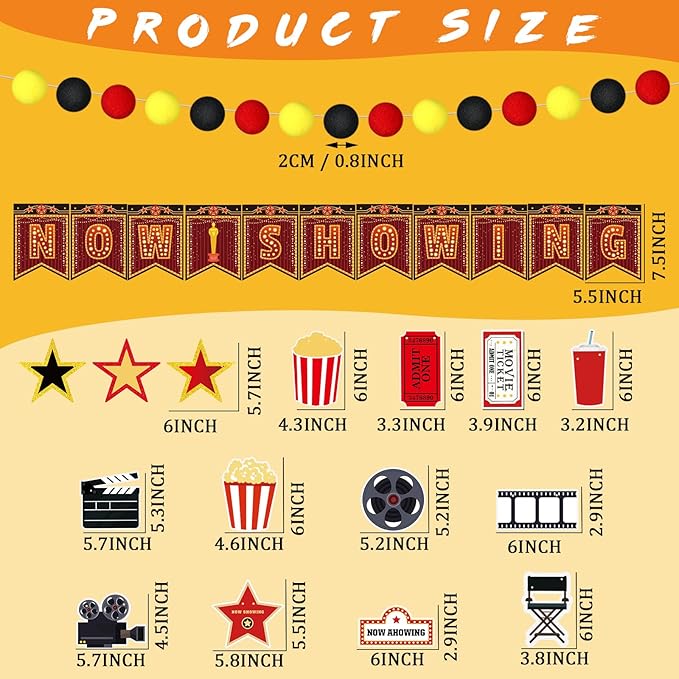 5 Pcs Movie Night Party Decorations Now Showing Banner Hanging Movie