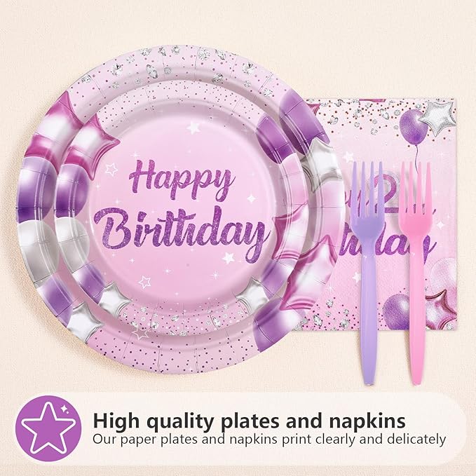 96Pcs Pink Purple 2nd Birthday Party Decorations Pastel 2nd Birthday