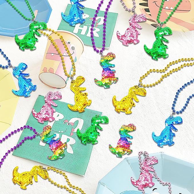 15 Pack Dinosaur Sequin Necklace Party Favors with Mardi Gras Beads