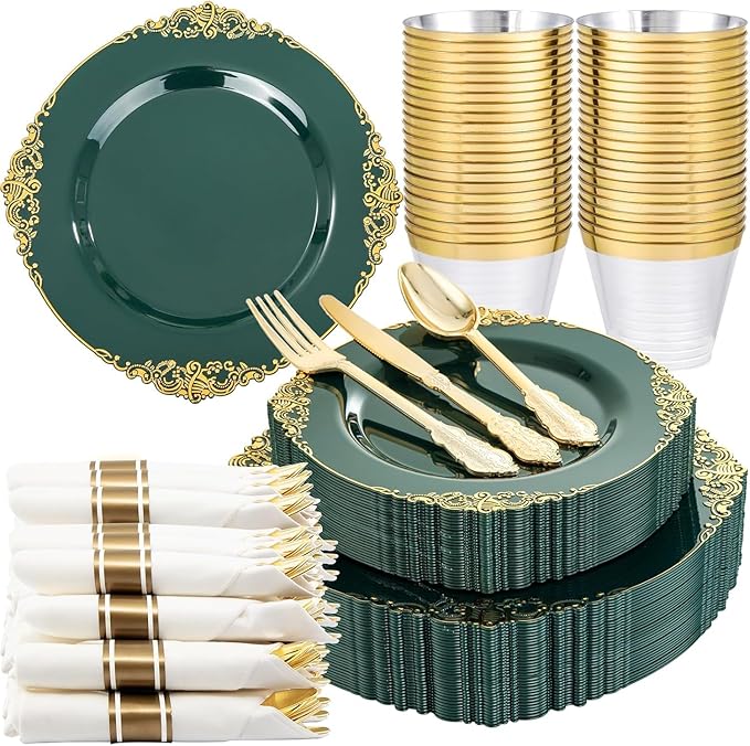 Nervure 175PCS Green Plastic Plates - Disposable Green Gold Party