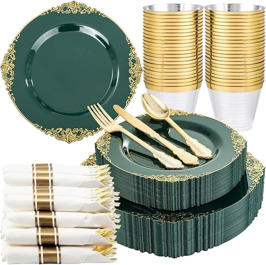 Nervure 175PCS Green Plastic Plates - Disposable Green Gold Party