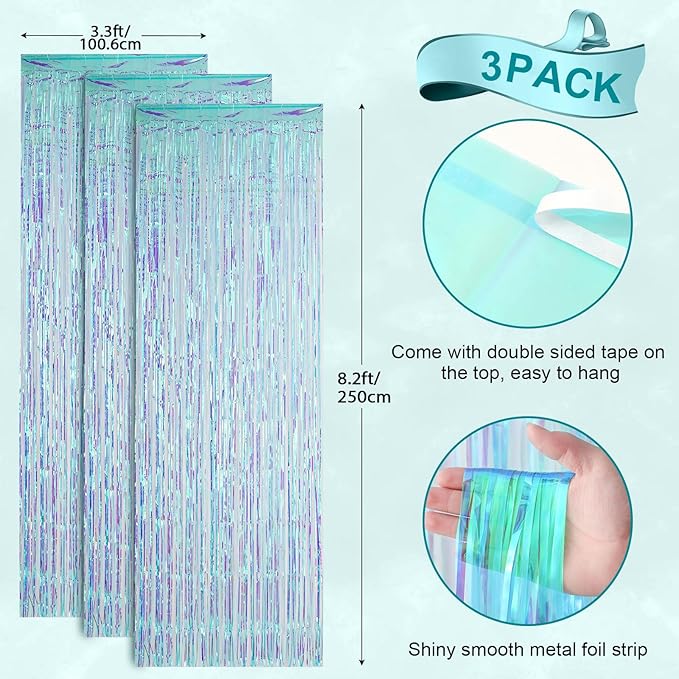 Voircoloria 3 Pack 3.3x8.2 Feet Neon Iridescent Foil Fringe Backdrop