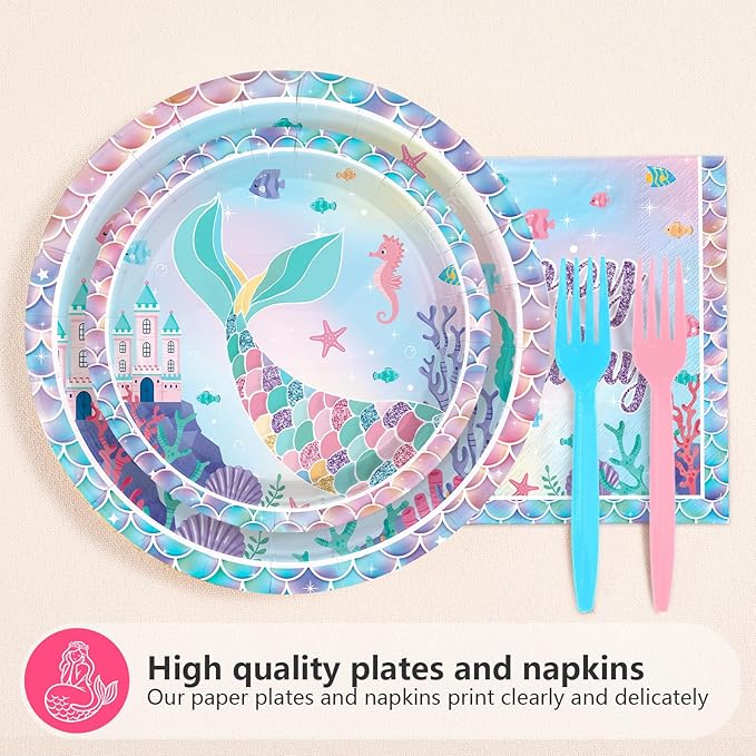 96Pcs Mermaid 3rd Birthday Party Decorations Mermaid 3rd Plates and