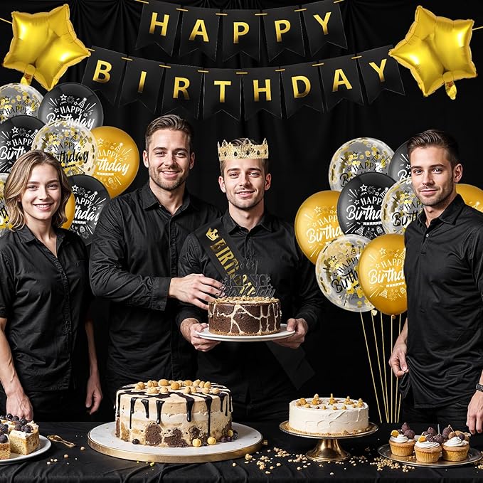 24PCS Black Gold Birthday Decorations - Gold Foil Balloons, Star