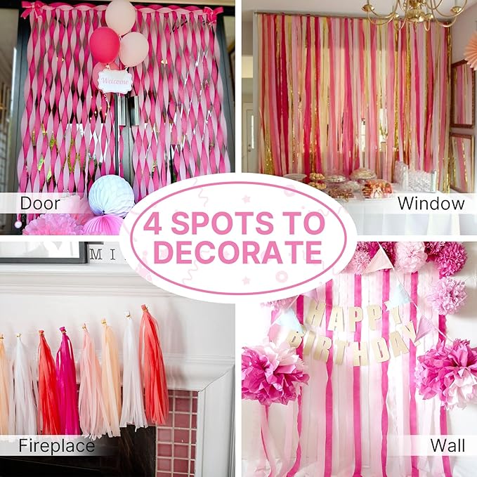 PartyWoo Pink Crepe Paper Streamers 4 Rolls 328 ft Pack of Dark Light