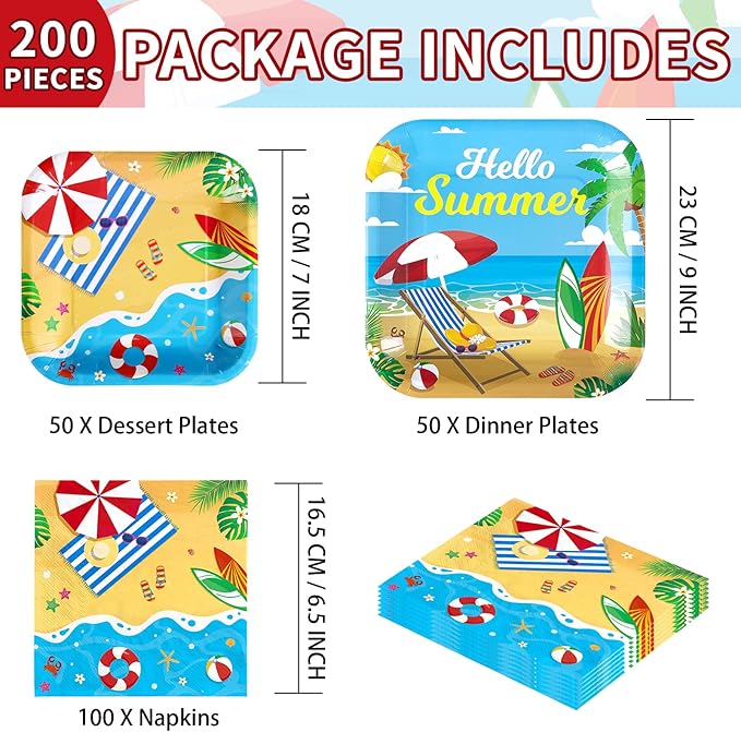200Pcs Beach Party Supplies Hello Summer Party Plates and Napkins