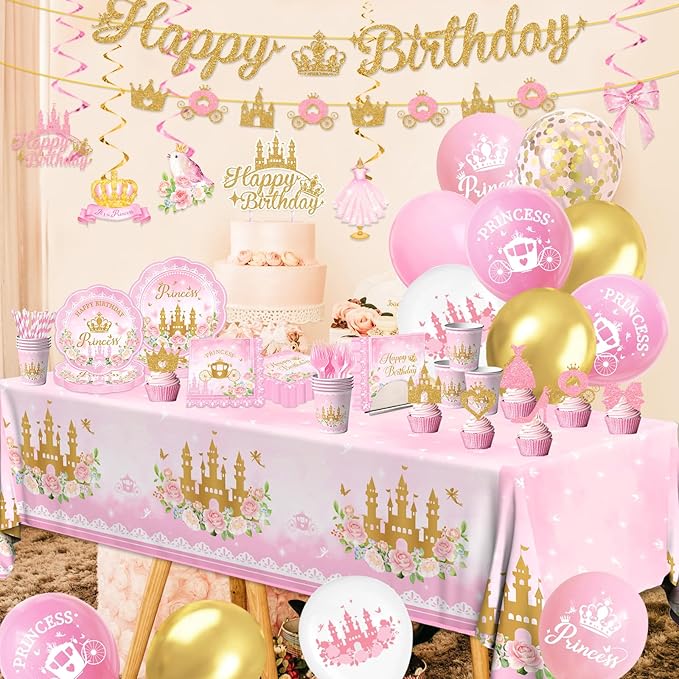 196Pcs Princess Birthday Party Decorations Serves 24 Pink Princess