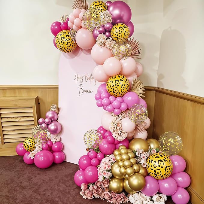 Hot Pink Cheetah Print Balloon Arch Kit 112Pcs Pink Gold Balloon
