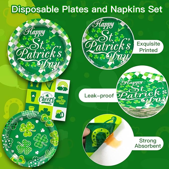 St Patrick's Day Paper Plates and Napkins Tableware Set Serves 60