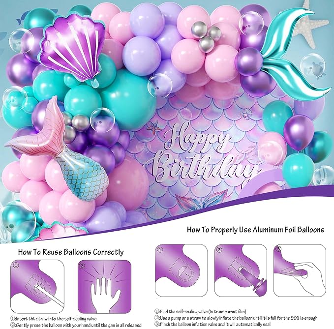 106pcs Mermaid Balloon Garland Arch Kit with Giant Foil Tail & 3