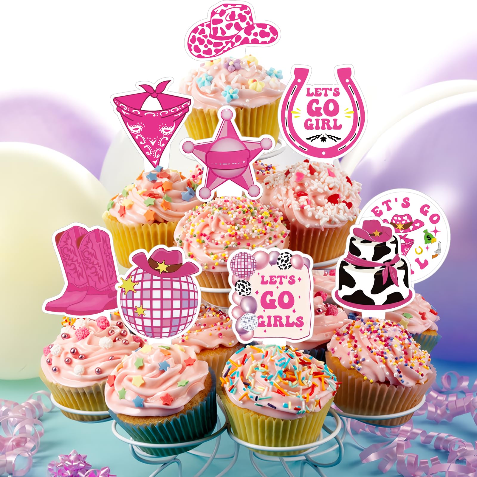 Yoomod 36PCS Cowgirl Cake Cupcake Toppers for Disco Let's Go Girls