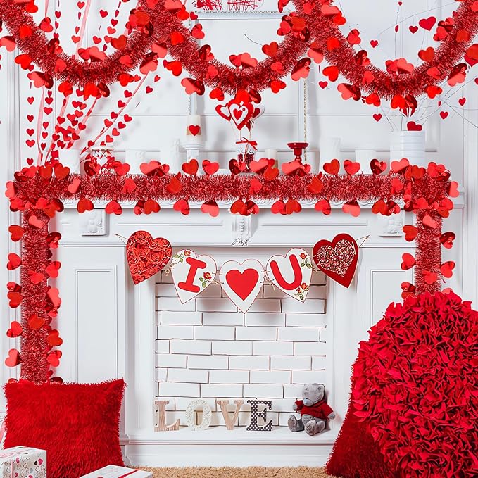 66 FT Valentine's Day Heart Tinsel Garland Decoration Red Heart
