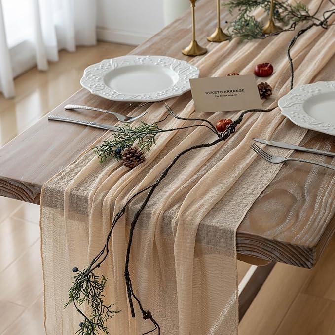 Keketoarrange 3pcs Deep Beige Cheesecloth Table Runner Rustic Boho