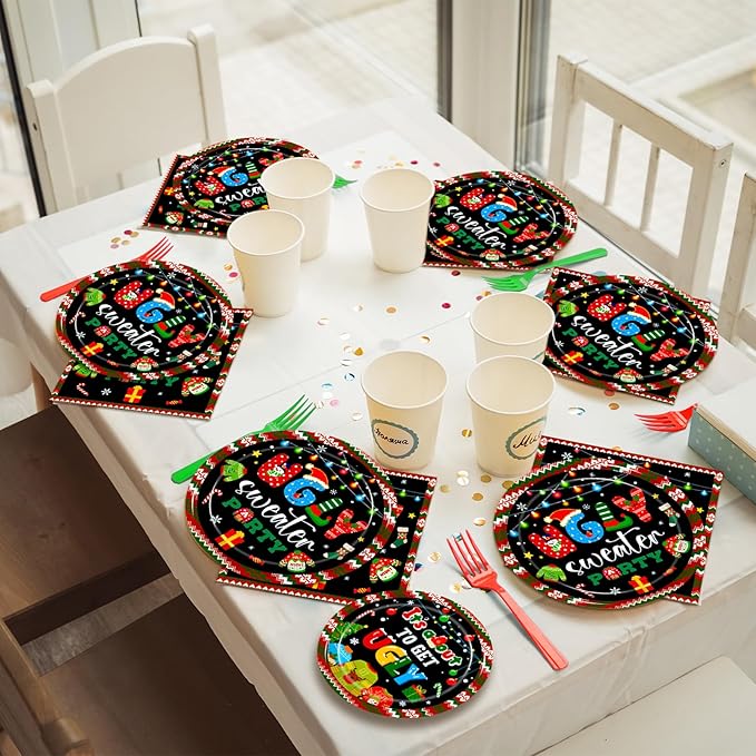 96Pcs Christmas Ugly Sweater Party Plates Merry Christmas Party