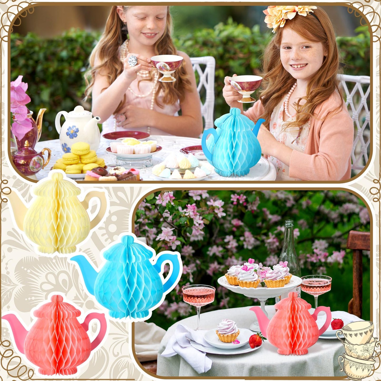 Wettarn 6 Pcs Floral Tea Party Decorations Spring Teapot Honeycomb