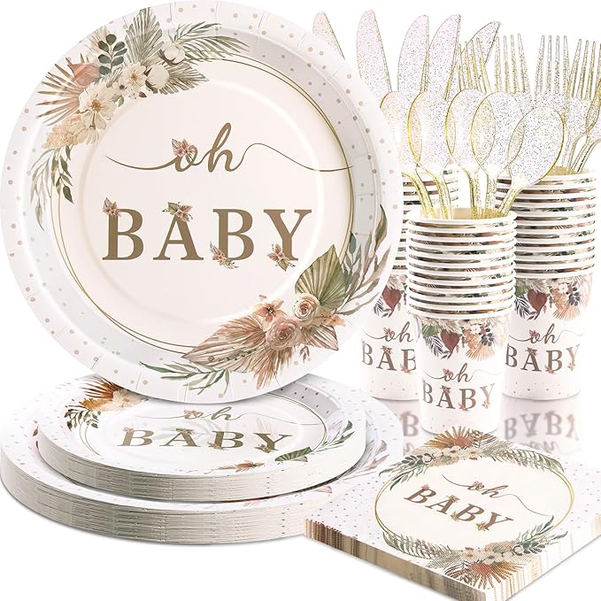 140 Pcs Boho Baby Shower Decorations for Girl, Baby Shower Plates and