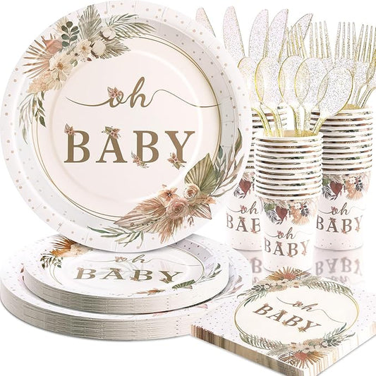 140 Pcs Boho Baby Shower Decorations for Girl, Baby Shower Plates and