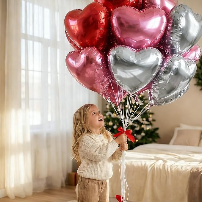 18 Inch Pink & Sliver & Red Heart Balloons 24 Pcs Valentine's Day