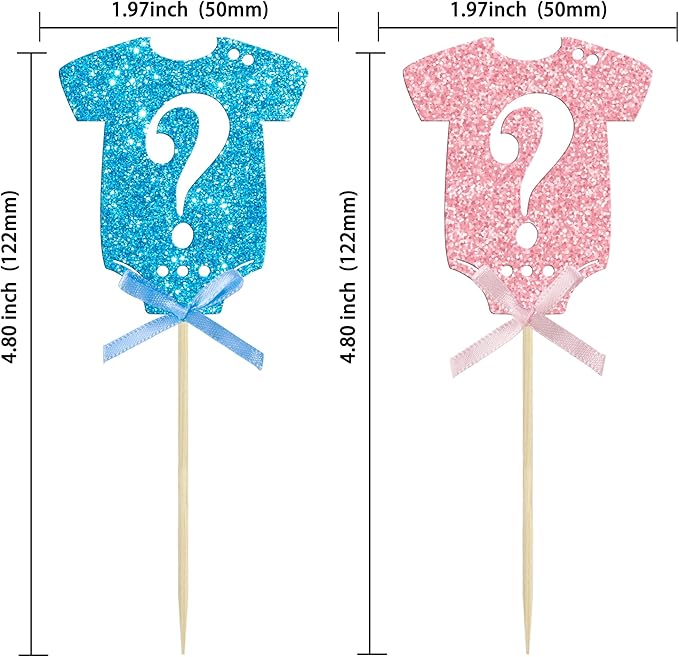 Ephlyn 24Pcs Gender Reveal Cupcake Toppers Glitter Pink Blue Bow