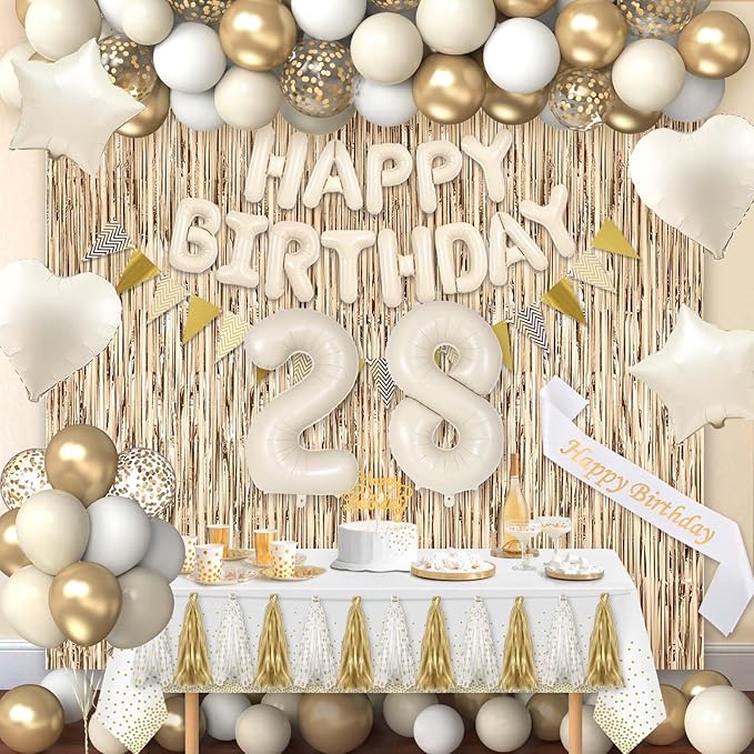 28th Birthday Decorations for Women, White and Gold 28 Boho Birthday