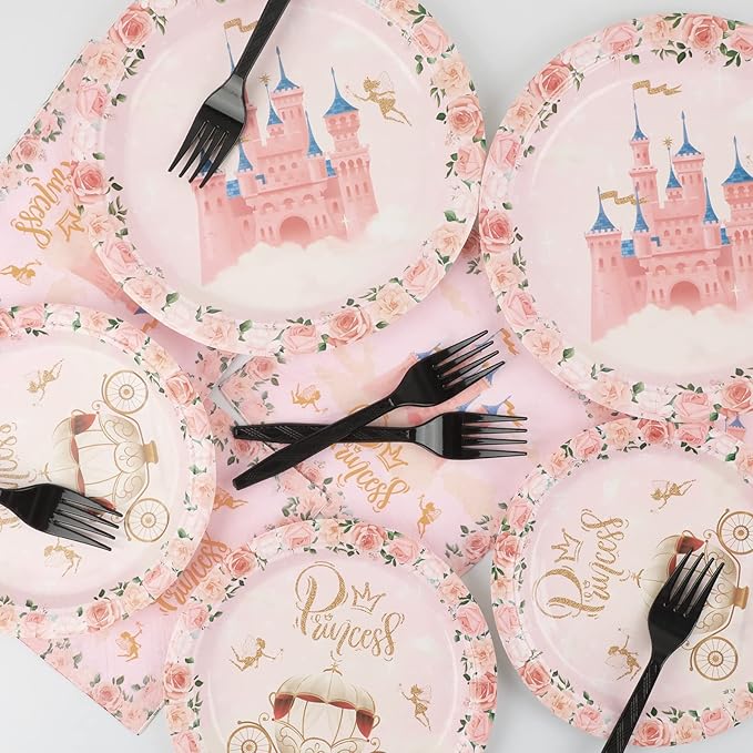 96 Pcs Princess Party Supplies Pink Floral Tableware Set With Plates