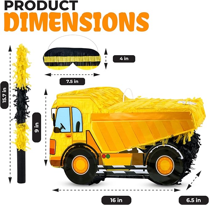 Small Dump Truck Pinata Bundle with a Blindfold and Bat 16 x 9 x 6.5