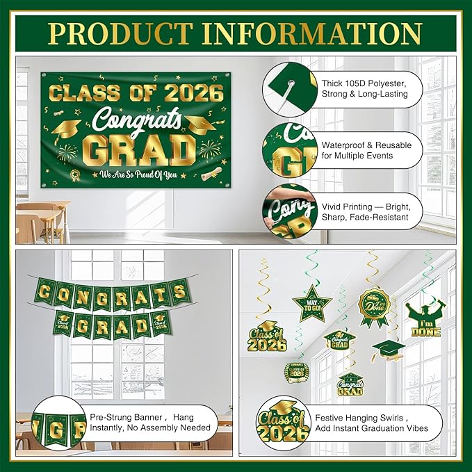 Graduation Decorations 2026 Green and Gold Graduation Party Decor Set