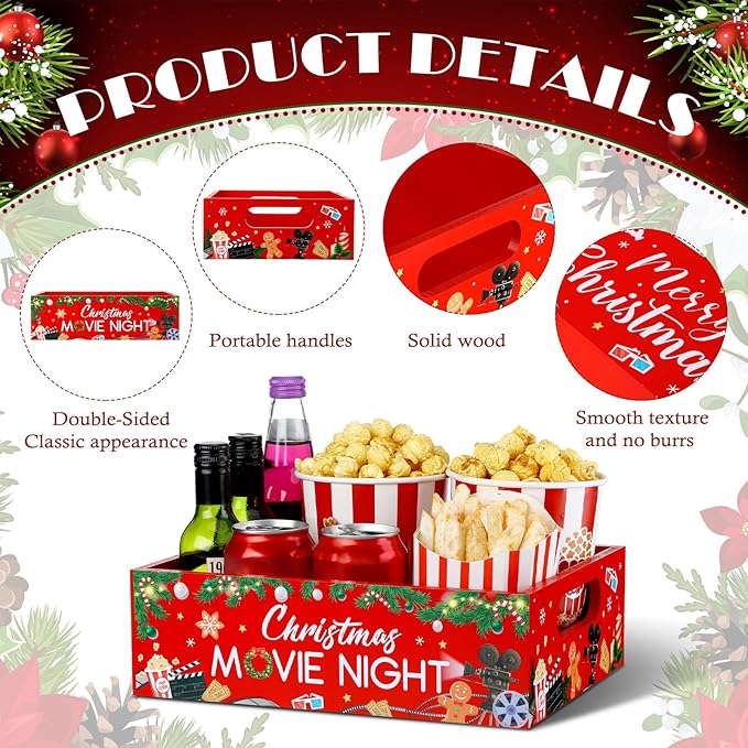 Movie Night Supplies Snack Trays with Handles Reusable Wooden Movie #2