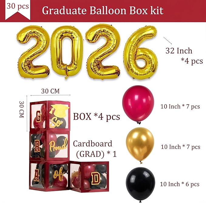 Maroon Black and gold Decorations 2026 Set of 4 Graduation Balloon