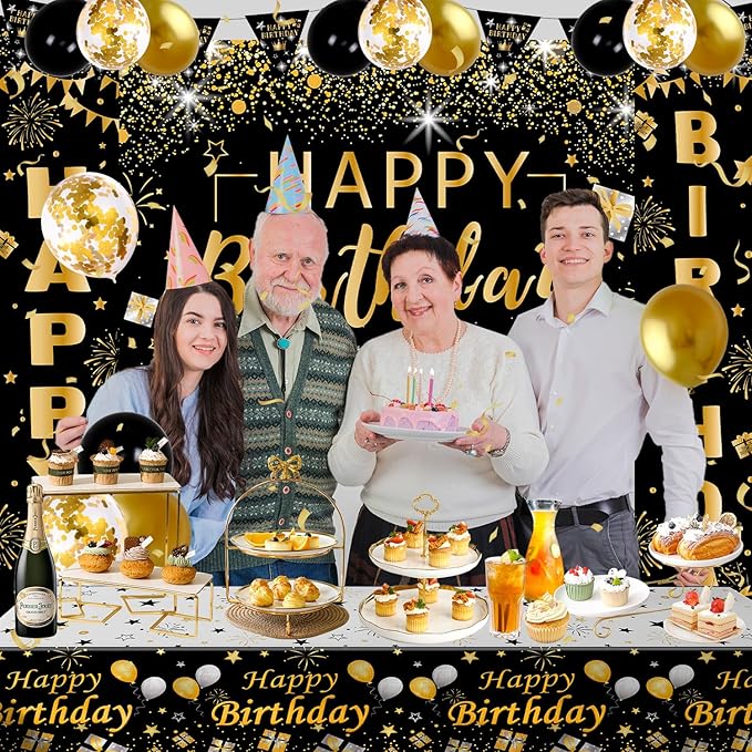 Black and Gold Birthday Decorations for Men Women 37pcs Black and