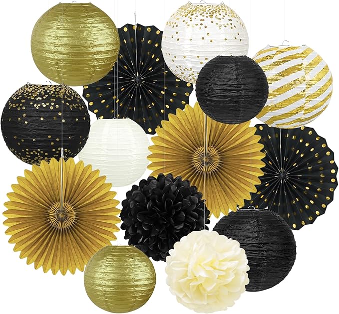14Pcs Black and Gold Party Decorations Hanging Paper Lanterns Fans