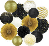 14Pcs Black and Gold Party Decorations Hanging Paper Lanterns Fans