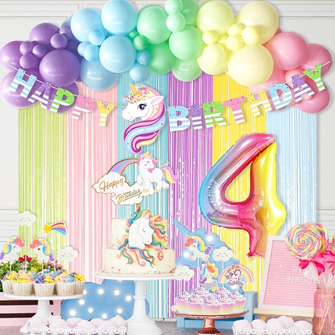 Unicorn 4th Birthday Party Decorations Rainbow Banner Balloons Foil
