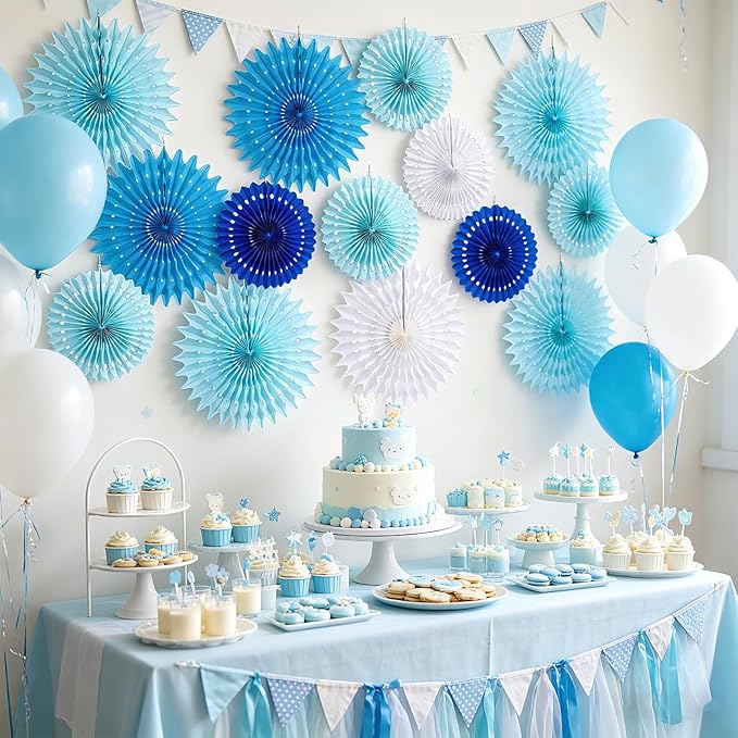 SUNBEAUTY Pack of 13 Blue White Hanging Honeycomb Paper Fans Party