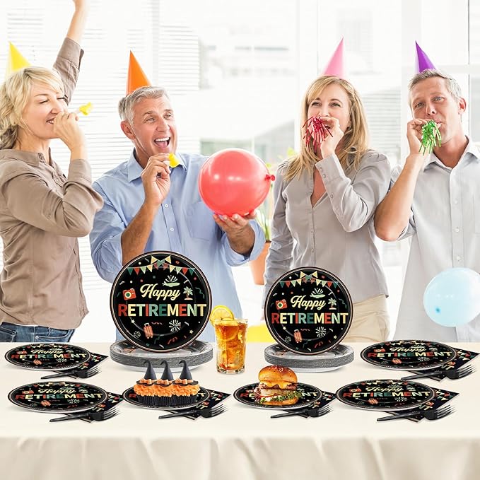 96 PCS Retirement Party Paper Plates Napkins Colorful Vintage