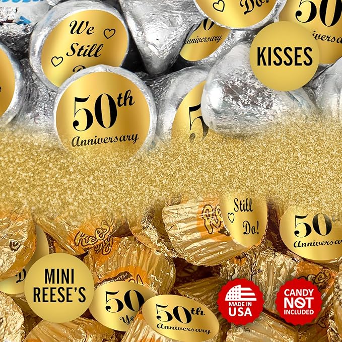 Gold Foil 50th Anniversary Kisses Stickers, (Set of 216) Chocolate