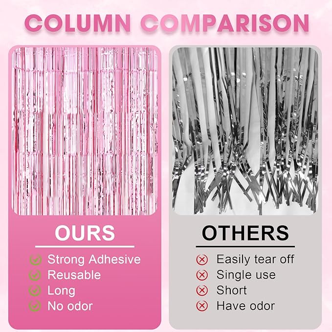 Voircoloria 3 Pack 3.3 x 8.2 ft Light Pink Foil Fringe Backdrop