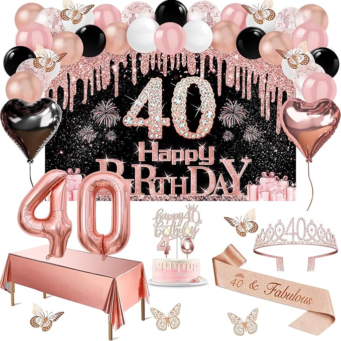 40th Birthday Decorations Women 49pcs Black Rose Gold Black Happy