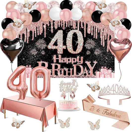 40th Birthday Decorations Women 49pcs Black Rose Gold Black Happy